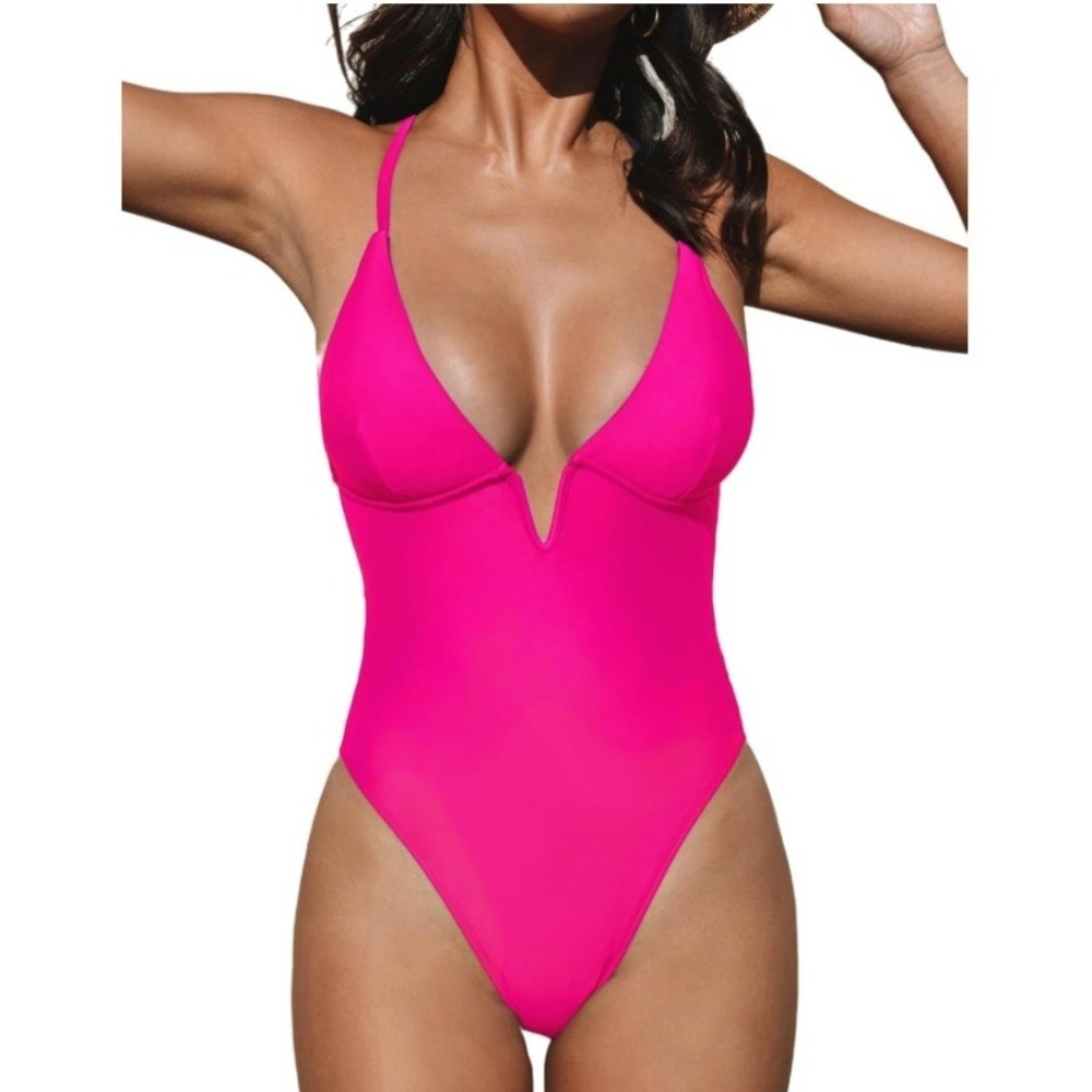 Cupshe Women Hot Pink Deep V-Neck High Cut One Piece Swimsuit Size Small NWT